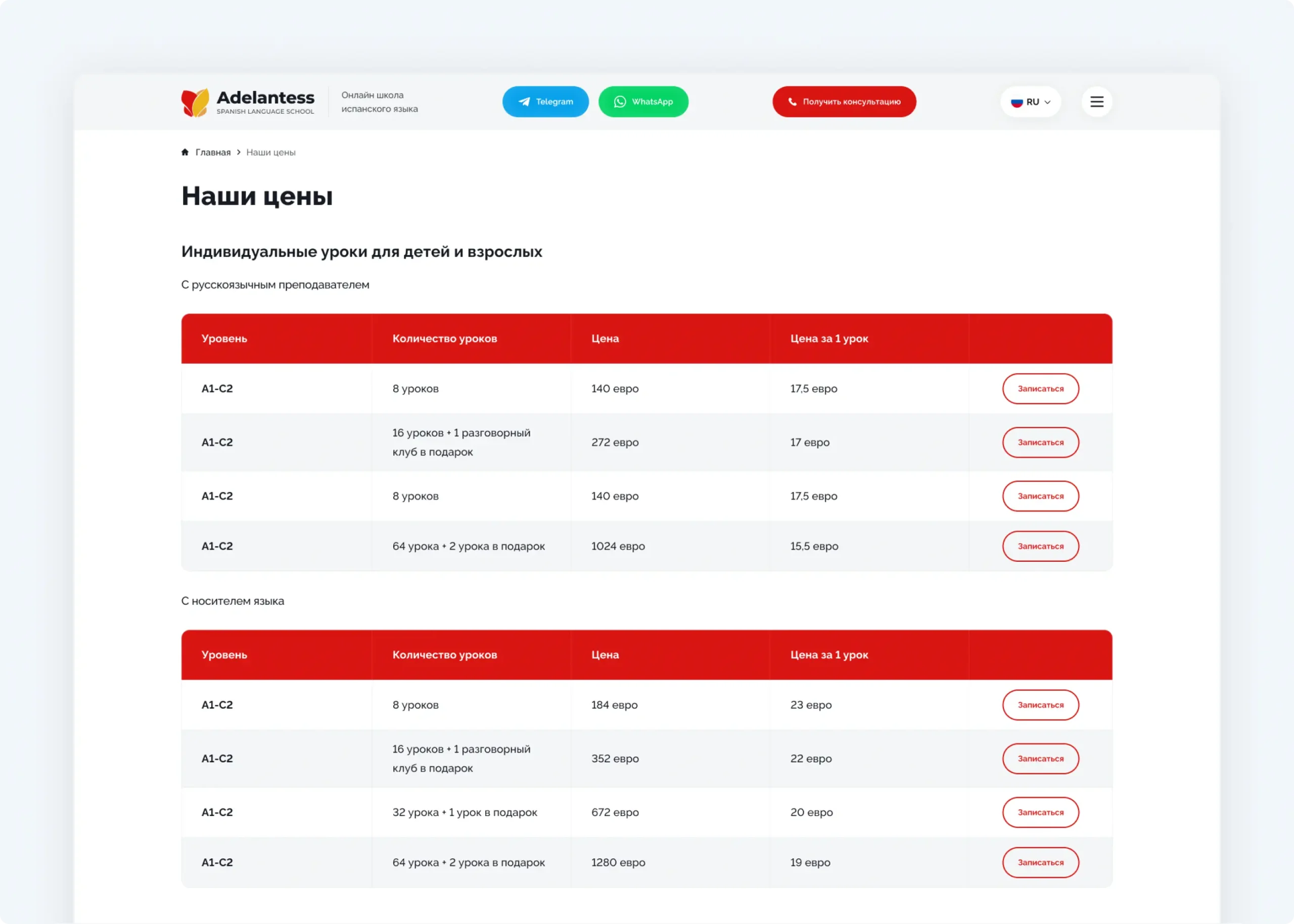 Разработка сайта школы испанского «Adelantess»